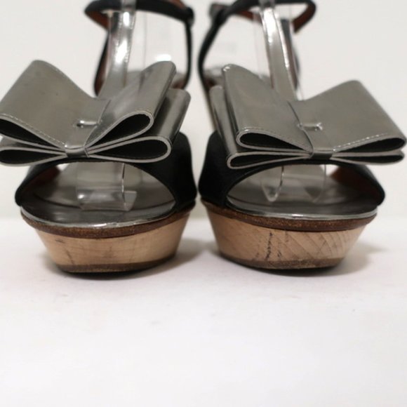 Lanvin Bow T-Strap Sandals Silver & Black Size 37 - Picture 5 of 12